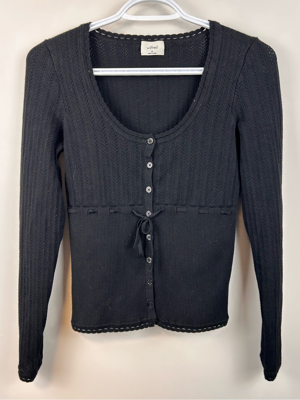 Aritzia Wilfred Ribbed Knit Cardigan Black Button Front Tie Fitted Sweater SizeM